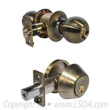 LSDA Combination 10 Ball Knob Plus Single Cylinder Deadbolt - KW1 - Antique Brass
